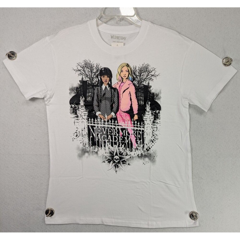 Wednesday Addams Nevermore Academy Graphic Print White Crew Neck T-Shirt - XXS